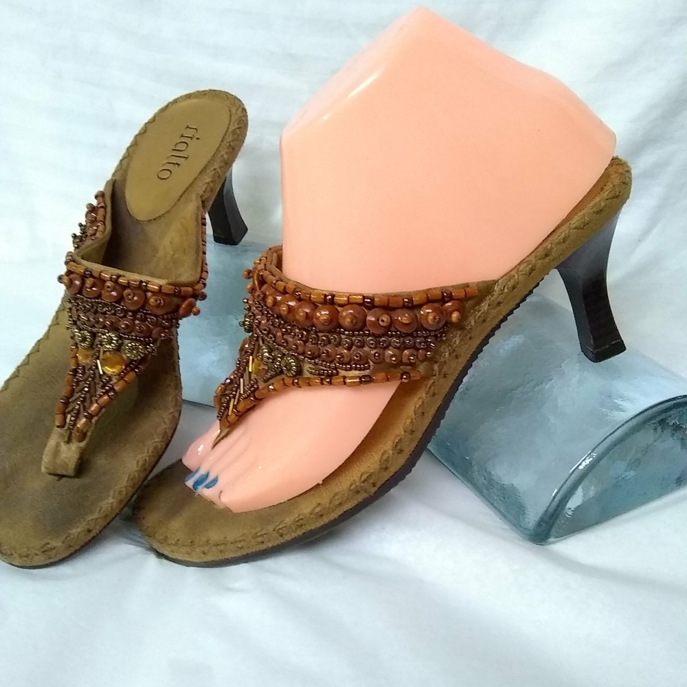 Rialto  Sandals Slides  LET IT BEAD  Uppers Thong Sz 8M Brown Embellished